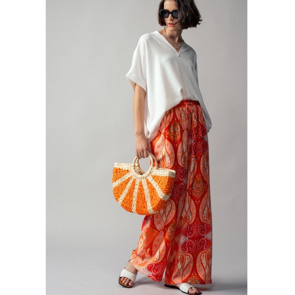 Womens Size Large Wide-Leg Paisley Print Pull-On Pants - Orange - Picture 2 of 5
